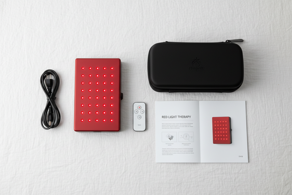 Compact red light therapy panel flat lay with accessories