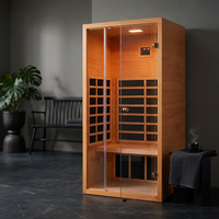 1 Person Extendable FAR Infrared Sauna for Home, Hemlock Wood Low EMF 6 Carbon Heaters Indoor Saunas with LED Lights, Bluetooth Speaker, Digital Control Panel, and Seating Bench — Studio Shot