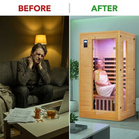 2024 Upgrade 1 to 2 Person Infrared Sauna, Low EMF Infrared Sauna for Home, Indoor Sauna Room, Hemlock Wooden Far Infrared Sauna, Dry Sauna with Bluetooth Speakers, LED Reading and Chromotherapy Lamp — Before & After