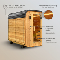 Lennon 6-Person Outdoor Cedar Traditional Wet/Dry Cube Sauna with 9Kw Electric Heater, Wi-Fi Control, LED Lights — infographic