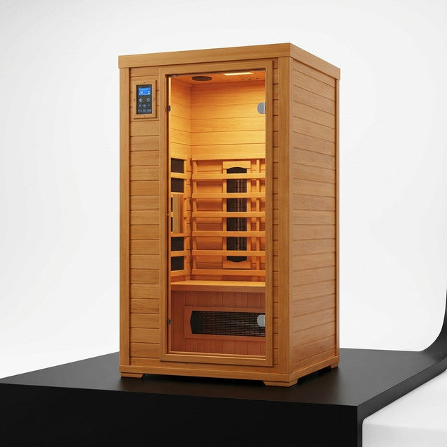 2024 Upgrade 1 to 2 Person Infrared Sauna, Low EMF Infrared Sauna for Home, Indoor Sauna Room, Hemlock Wooden Far Infrared Sauna, Dry Sauna with Bluetooth Speakers, LED Reading and Chromotherapy Lamp — Studio Shot