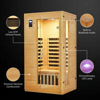 2024 Upgrade 1 to 2 Person Infrared Sauna, Low EMF Infrared Sauna for Home, Indoor Sauna Room, Hemlock Wooden Far Infrared Sauna, Dry Sauna with Bluetooth Speakers, LED Reading and Chromotherapy Lamp — infographic