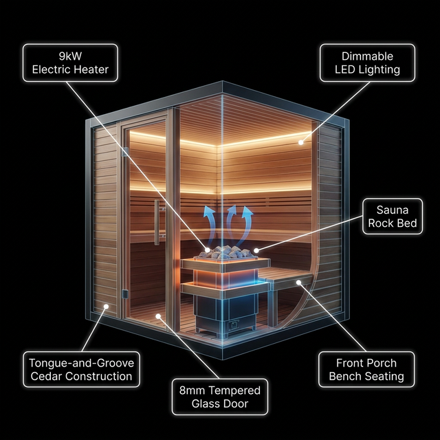 Lennon 2-4 Person Traditional Cedar Outdoor Cube Sauna with Porch, Electric Sauna Heater, Sauna Rocks, Dry Heat, Steam Sauna, LED Lights, Wi-Fi Control, Sauna Accessories — How It Works