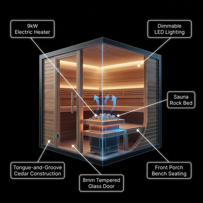 Lennon 2-4 Person Traditional Cedar Outdoor Cube Sauna with Porch, Electric Sauna Heater, Sauna Rocks, Dry Heat, Steam Sauna, LED Lights, Wi-Fi Control, Sauna Accessories — How It Works