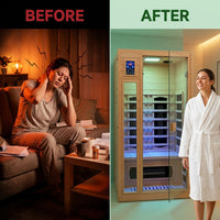 1 Person Extendable FAR Infrared Sauna for Home, Hemlock Wood Low EMF 6 Carbon Heaters Indoor Saunas with LED Lights, Bluetooth Speaker, Digital Control Panel, and Seating Bench — Before & After