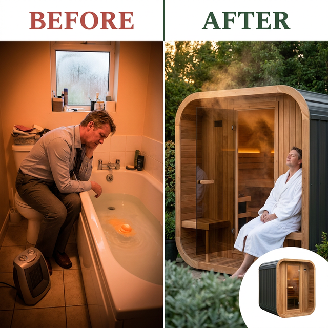 Lennon 2-4 Person Traditional Cedar Outdoor Cube Sauna with Porch, Electric Sauna Heater, Sauna Rocks, Dry Heat, Steam Sauna, LED Lights, Wi-Fi Control, Sauna Accessories — Before & After