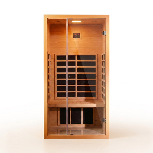 1 Person Extendable FAR Infrared Sauna for Home, Hemlock Wood Low EMF 6 Carbon Heaters Indoor Saunas with LED Lights, Bluetooth Speaker, Digital Control Panel, and Seating Bench — Studio Shot