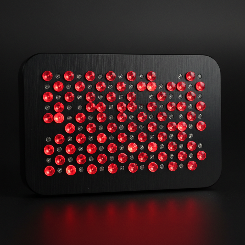 Close-up of compact red light therapy panel LED array