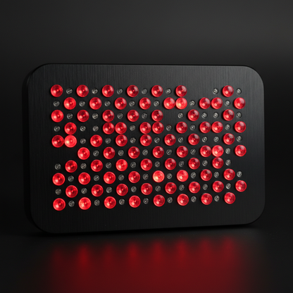 Close-up of compact red light therapy panel LED array