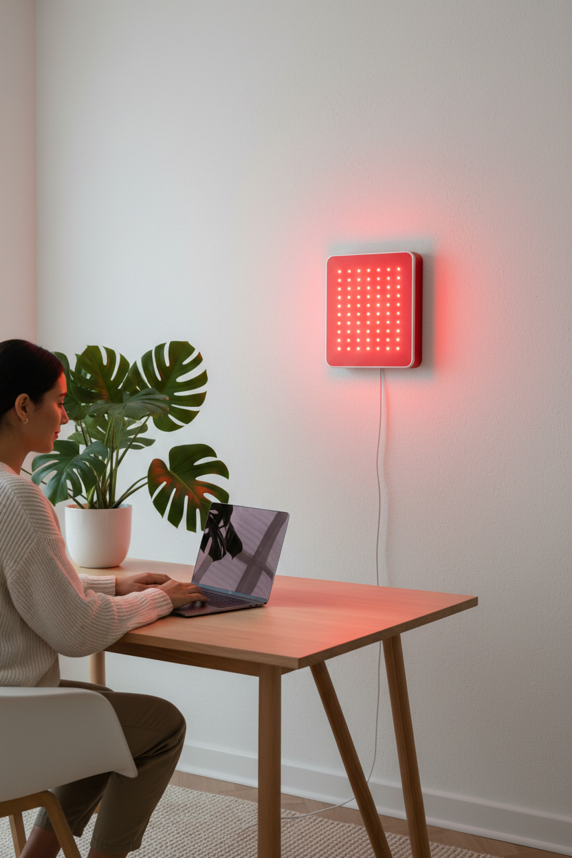 Compact red light therapy panel wall-mounted in home office