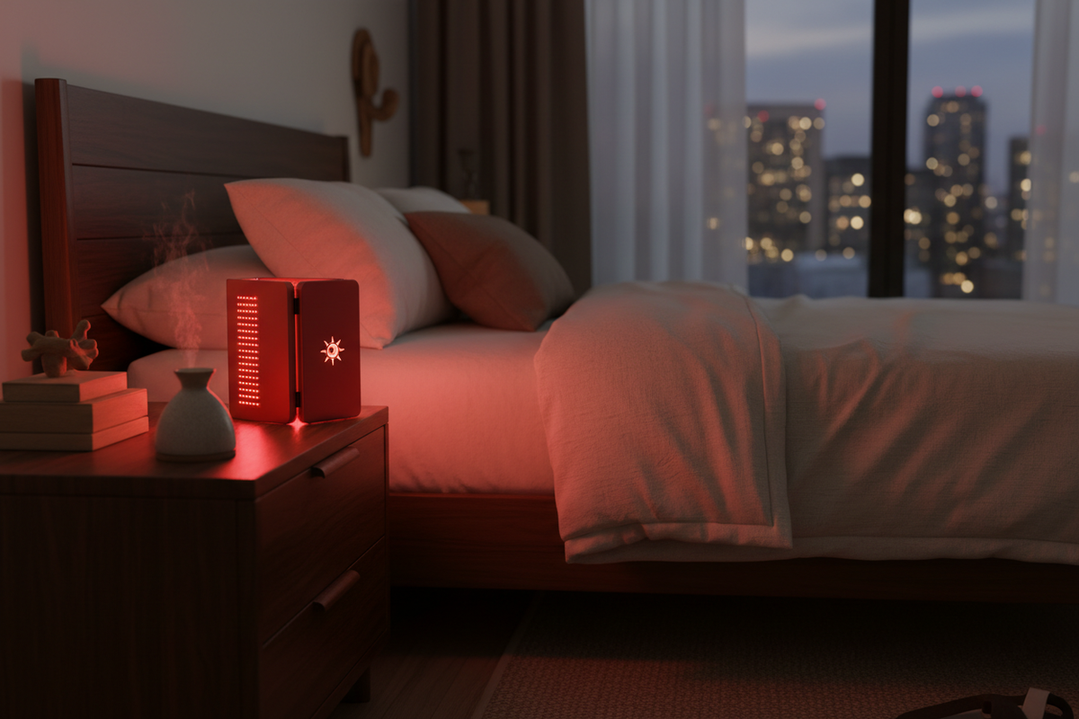 Compact red light therapy panel on bedside table in luxury bedroom