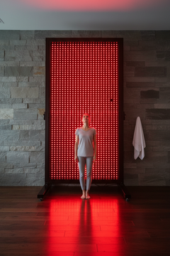 Person standing in front of massive full-body red light therapy panel in luxury spa