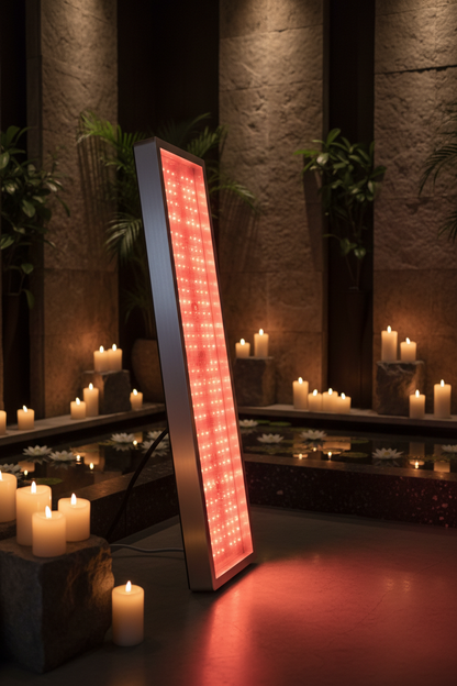 Side angle of red light therapy panel in dark luxury spa room