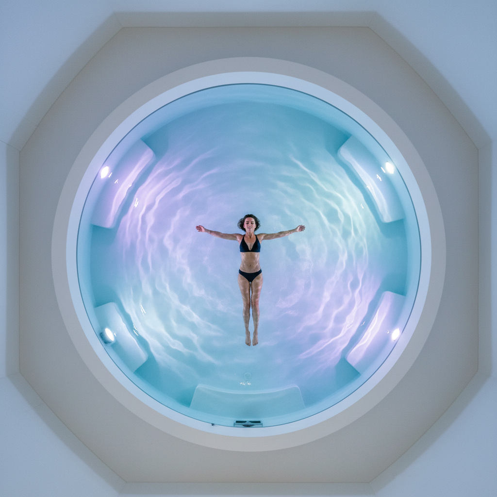 Aerial overhead view of person floating in open float cabin