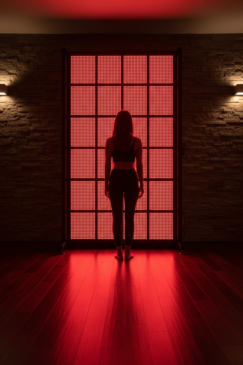 Person dwarfed by massive full-body red light therapy panel in luxury stone spa