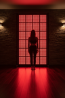 Person dwarfed by massive full-body red light therapy panel in luxury stone spa