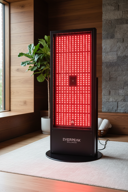Full-body red light therapy panel freestanding in luxury home wellness room