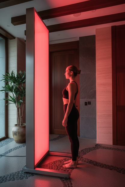 Side angle of person beside towering red light therapy panel in luxury spa