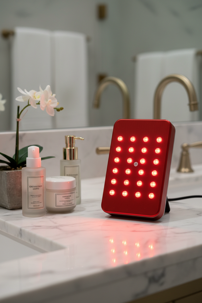 Compact red light therapy panel on marble bathroom counter