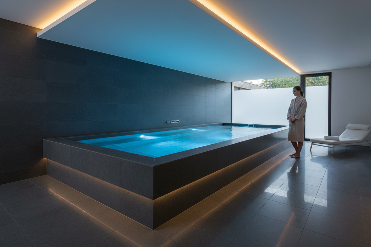 Open float cabin pool with person showing scale in luxury home spa