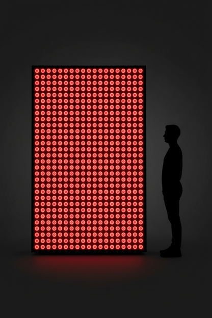 Giant red light therapy panel with human scale silhouette, studio shot