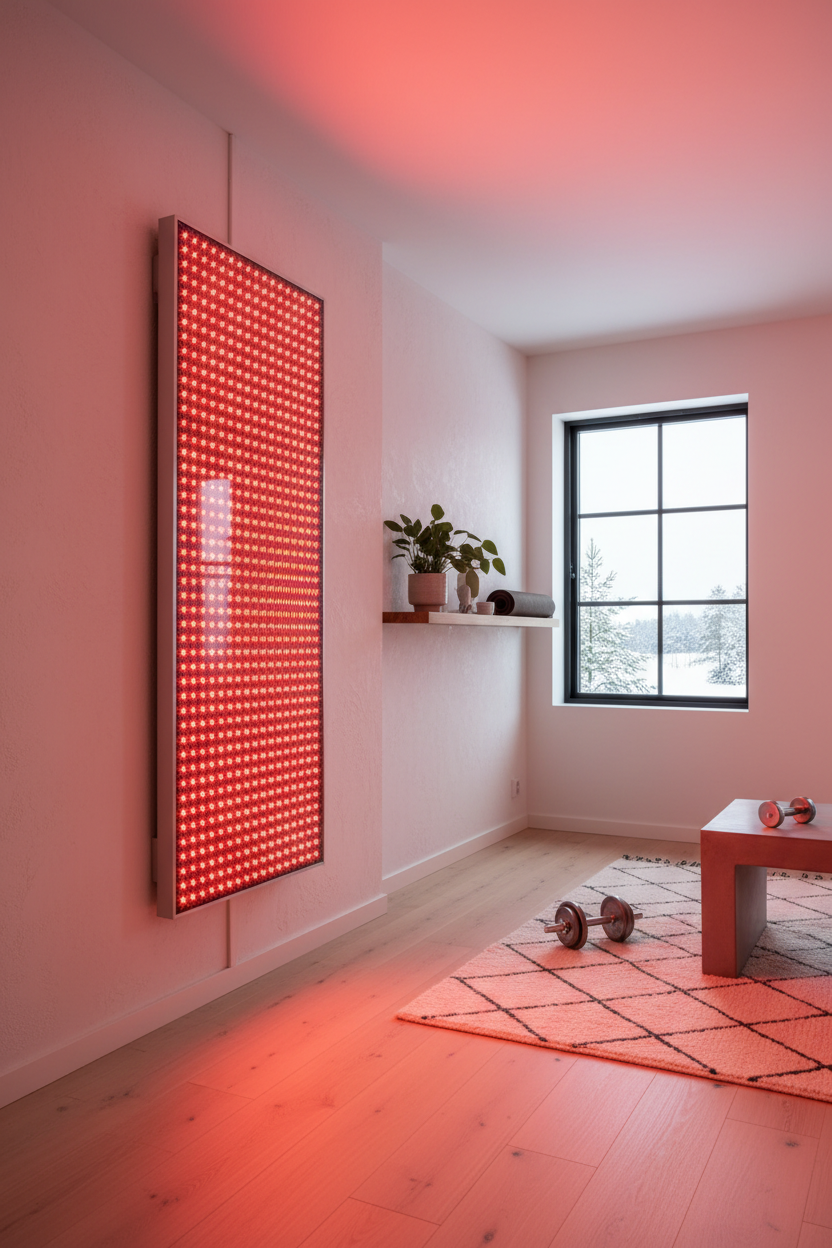 Red light therapy panel in minimalist home gym