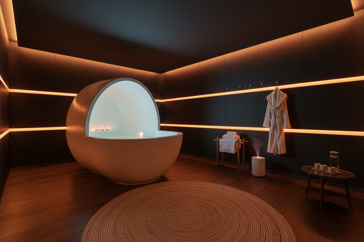 Dedicated home float room with open float cabin and luxury spa setup