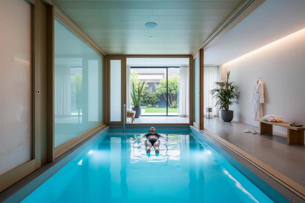 Person floating weightlessly inside open float cabin pool