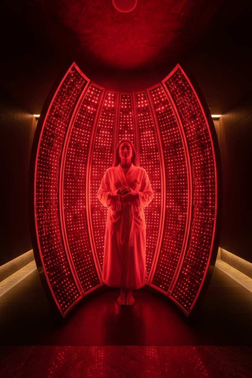 Floor-to-ceiling red light therapy panel array bathing person in red glow