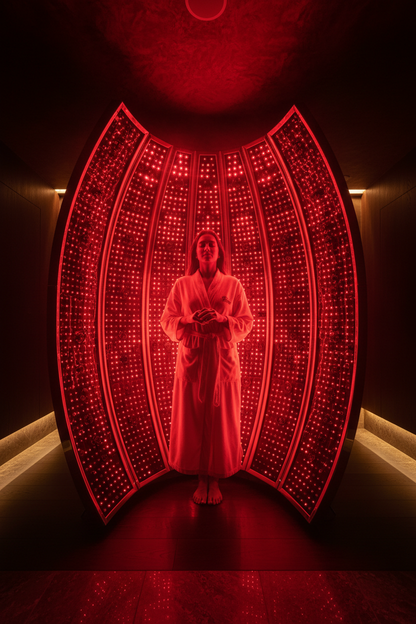 Floor-to-ceiling red light therapy panel array bathing person in red glow