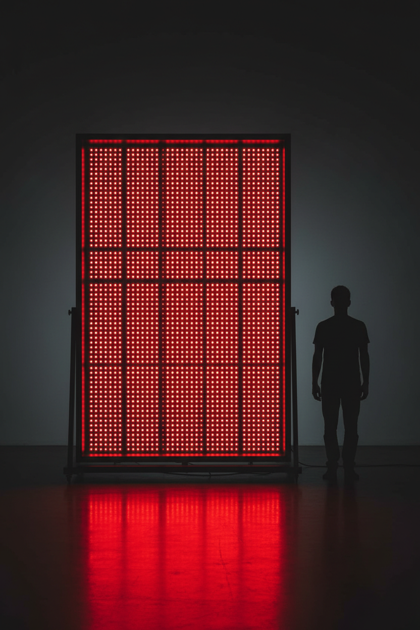 Giant full-body red light therapy panel with human scale silhouette studio shot